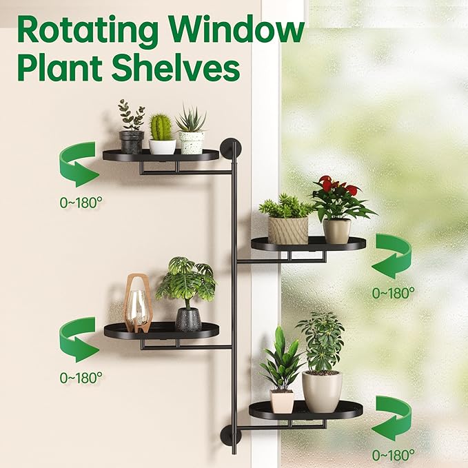 Rotating Window Shelves for Multiple Plants Indoor,4-tier Metal Corner Black Plant Stand Holder Floating Hanger Shelf for Wall，Windows Sill Gifts for Planter Lover to Enhance Home Decor