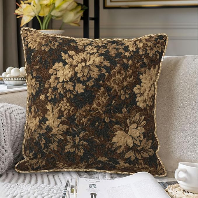 Neutral Flowers Dark Brown Soft Velvet Throw Pillow Covers Set of 2 Boho Vintage Abstract Floral Decorative Pillow Covers 16x16 Inch Retro Bohemian Pillow Case For Sofa Couch Farmhouse Home Decor