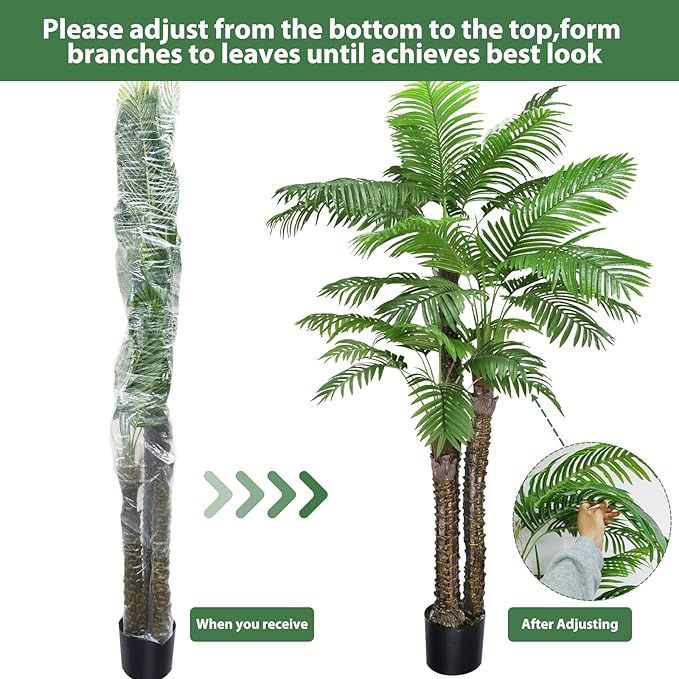8ft Artificial Phoenix Palm Tree 3 Trunks UV Resistant Fake Palm Plants Outdoor Indoor Large Faux Coconut Silk Palm Plants Tropical Fake Tree for Outside Porch Patio Garden Home Office Decor (96inch)