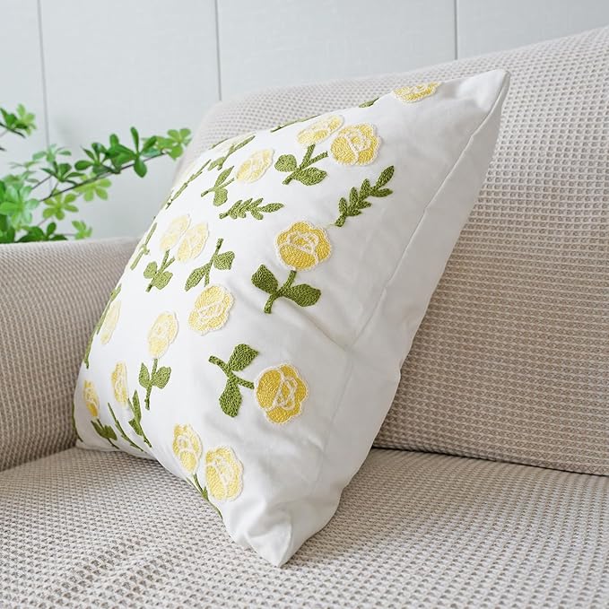 vctops Yellow Rose Embroidered Decorative Throw Pillow Cover Spring Summer Floral Square Pillow Cases Garden Cotton Cushion Cover for Couch Sofa Bed (Flower D,18"x18")