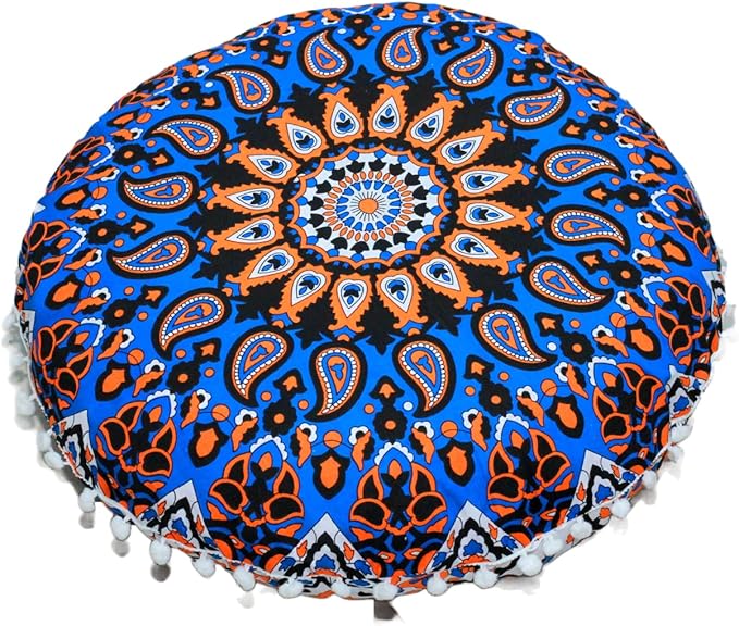 CRAFT KALA 22" Mandala Meditation Floor Pillows Cover Pouf Cover Round Seating Bohemian Mandala Cotton Floor Cushion Cover Outdoor Fireplace Seating Living Room Yoga Room Home Décor Blue Yellow Flower