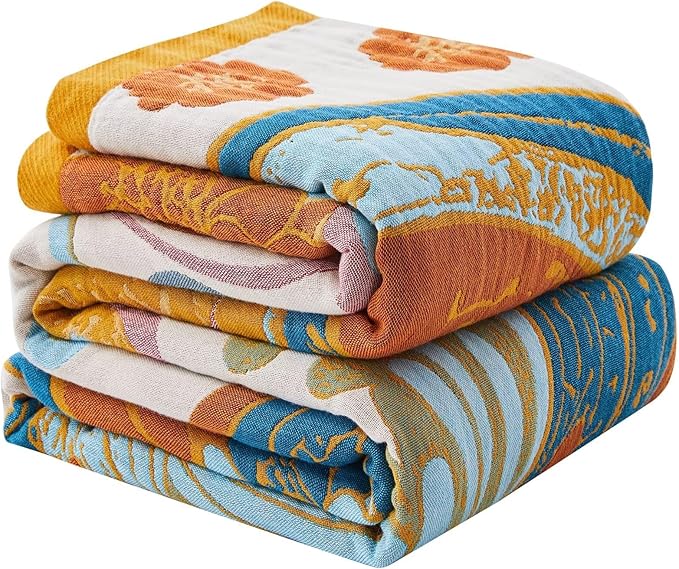 Boho Blanket Soft Muslin BohoThrow Blanket, 100% Cotton Floral Printed Farmhouse Decor All Season Reversible Rustic Throw for Sofa Couch Chair (50"x60")