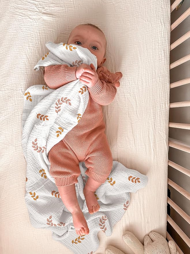 meowcards Muslin Swaddle Blankets for Baby, Unisex Baby Boys Girls Essentials, Large 47 x 47 inches, Boho Receiving Blankets Newborn Registry Must Haves (Brick Leaf, Printed)