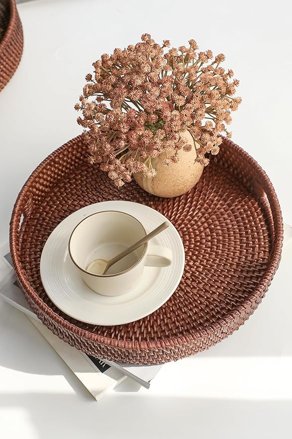 HITOMEN 11.8" Hand-Woven Round Rattan Serving Tray Decorative Wicker Trays with Handles for Coffee Table (Brown-M)
