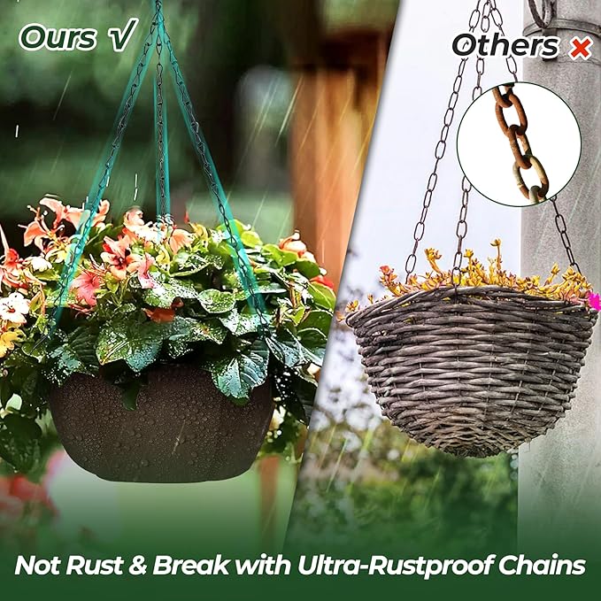 T4U Hanging Planters for Outdoor Plants, 3 Pack 10 Inch Hanging Baskets for Plants Outdoor with Rustproof Chain, Fabric Hanging Pots for Plants, Hanging Planter for Balcony Porch Deco, Brown