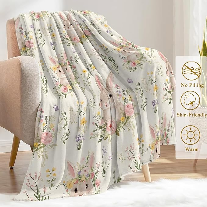 Cute Bunny Fleece Blanket - Lightweight Soft Cozy Gifts Throw for Animal Lovers, Kids,Women,Rabbit Floral Cream Blankets,Home Room Modern Farmhouse Boho Decor 40x50in