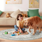 Round 6Ft Washable Area Rug,Vintage Floral Low Pile Non Slip Carpet Non-Shedding Rug Soft Stain Resistant Mat for Living Room Bedroom Beige and Sage Green