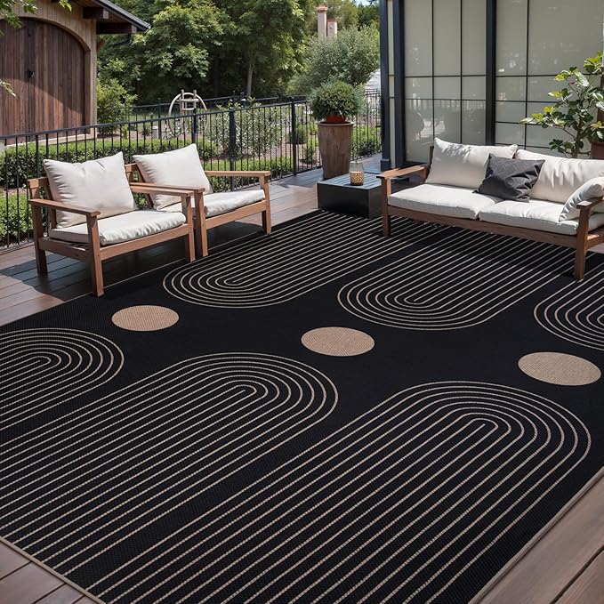 Tangsoo Rainbow Easy Jute Rug 6x9 Washable Area Rugs for Living Room,Farmhouse Non Slip Indoor Outdoor Carpet,Modern Black Office Mat for Backyard Dining Room Bedromm Sunroom Home Decor