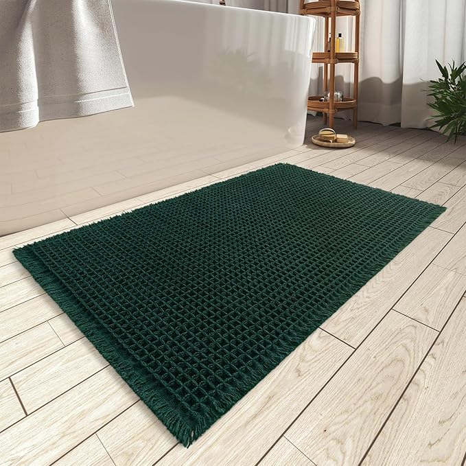AMOAMI Upgraded Waffle Bath Mat, Super Absorbent Non Slip Bath Mats for Bathroom Floor, Machine Washable Bathroom Rugs with Tassels, Rubber Backed Bathroom Mats, Ultra Soft, 18" x 30", Dark Green