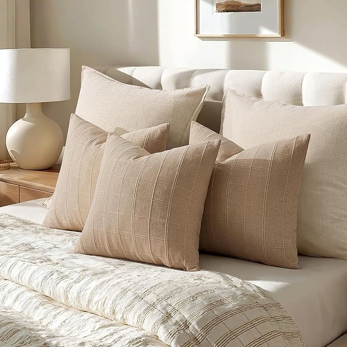 Woaboy Linen Check Throw Pillow Covers Set of 2 - Light Brown Farmhouse Modern Boho Vintage Decorative Cushion Covers for Sofa Couch Bedroom Living Room Decor 20x20 Inch