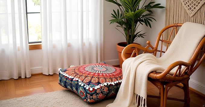 CRAFT KALA Large Hippie Mandala Meditation Floor Ottoman Pillow Cushion Pouf Cover Square Poufs Bohemian Circle Floor Cushion Case Outdoor Fireplace Yoga Living Room Decor Cover Orange, 24" Square