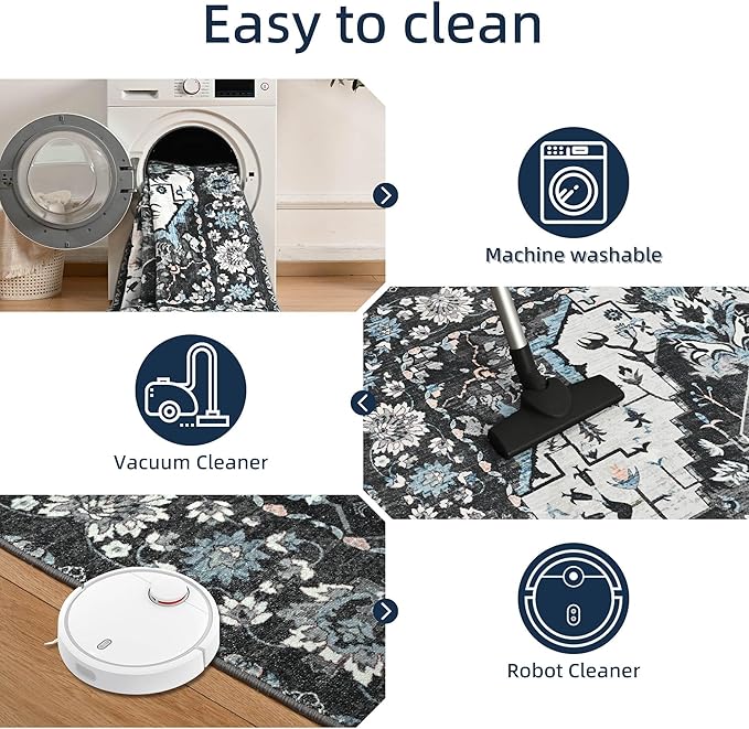 YJ.GWL Area Rugs for Living Room 6x9 Machine Washable Rugs, Non Slip Floral Vintage Rug Indoor Carpet, Stain Resistant Large Rug for Bedroom Dining Room, Black Grey Blue