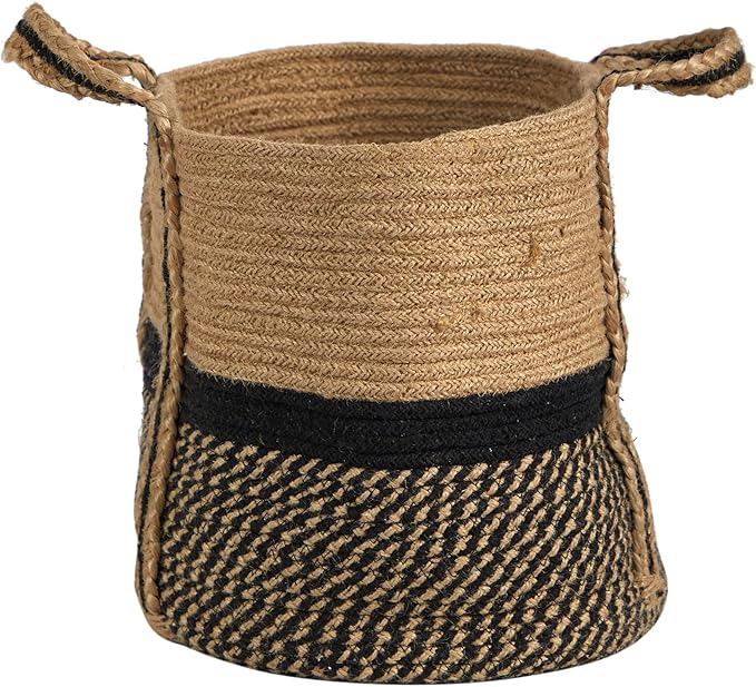 Nearly Natural 13in. Boho Chic Basket Natural Jute Basket Planter, Black Bottom Natural Top with Handles