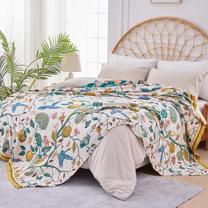 Boho Throw Blanket for Bed - 100% Cotton Ultra Soft Luxury Throw Rustic Fall Quilt,Bird Printed Farmhouse Decor Bed Blankets,Throw for Living Room Sofa Couch Chair(Flower-Bird, 87" x 102")