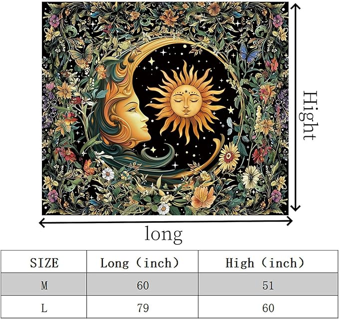 Apdidl Sun and Moon Hippie Decor Tapestry for Bedroom, Boho Hippy Mystic Floral Tapestries Wall Hanging Aesthetic, Vintage Mandala Plants Moon Cute Backdrop Wall Decor for Living Room Dorm 60"X79"