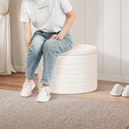 PINPLUS Round Ottoman with Stroage, Boucle Storage, Foot Stool Foldable Coffee Table Ottoman for Living Room, Bedroom, Dorm (White)