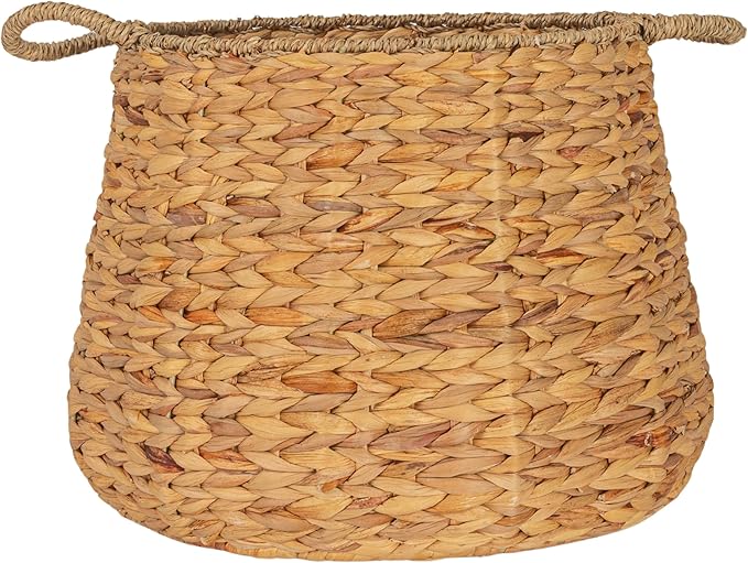 Household Essentials Round Handwoven Water Hyacinth and Seagrass Basket with Handles, Natural