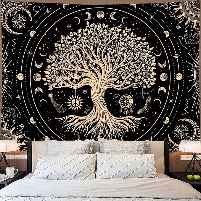 Accnicc Tree of Life Tapestry Sun Moon Stars Tapestries for Bedroom Aesthetic Hippie Black Beige Boho Mandala Spiritual Celestial Large Tapestry Wall Hanging for Dorm Living Room Decor 80 x 60 Inch