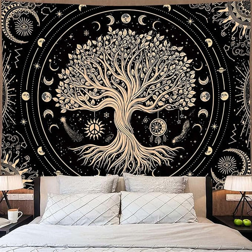 Accnicc Tree of Life Tapestry Sun Moon Stars Tapestries for Bedroom Aesthetic Hippie Black Beige Boho Mandala Spiritual Celestial Large Tapestry Wall Hanging for Dorm Living Room Decor 80 x 60 Inch