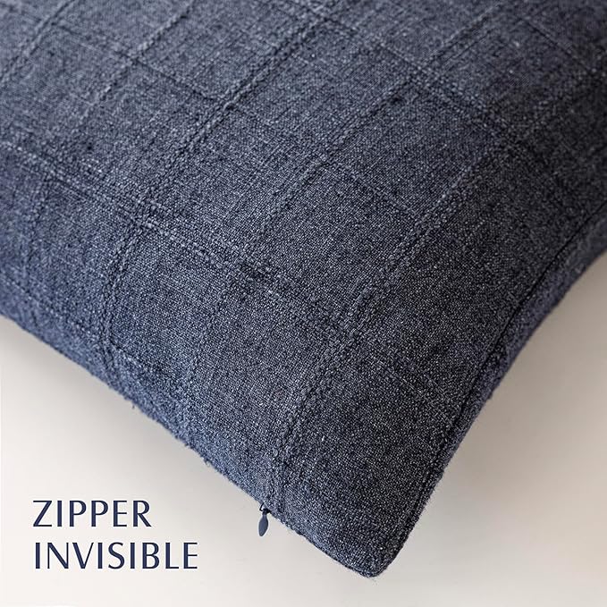 Foindtower Set of 2 Decorative Linen Check Throw Pillow Covers Neutral Farmhouse Vintage Cushion Covers Modern Boho Home Decor for Sofa Chair Couch Bedroom Living Room,24×24 Inch,Navy Blue
