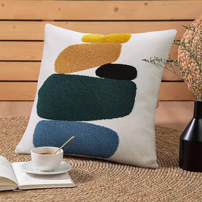 JASEN Boho Throw Pillow Covers 18x18, Modern Soft Neutral Decorative Pillow Covers, Bohemian Abstract Geometric Square Pillow Case for Sofa Bedroom Living Room