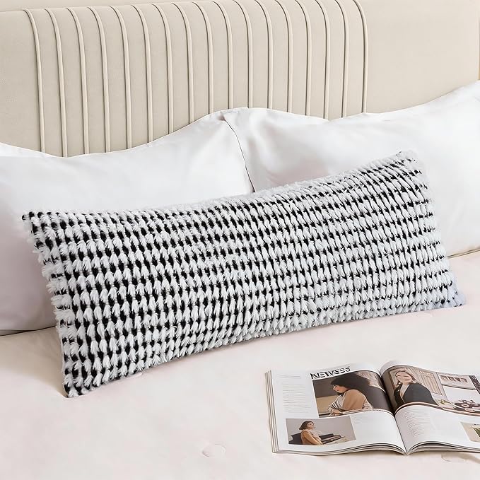 Boho Chenille Tufted Pillow Cover 14x36 Inch Set of 1, Farmhouse Striped Decorative Pillow Covers Accent Fluffy Neutral Long Body Bolster Pillow for Couch Sofa Bedroom Living Room, Black White