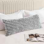 Boho Chenille Tufted Pillow Cover 14x36 Inch Set of 1, Farmhouse Striped Decorative Pillow Covers Accent Fluffy Neutral Long Body Bolster Pillow for Couch Sofa Bedroom Living Room, Black White