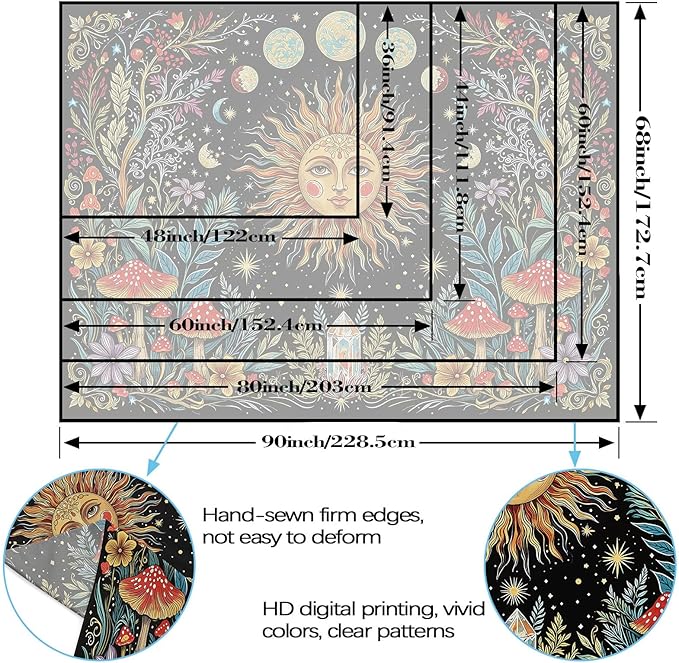 Accnicc Boho Sun and Moon Tapestry Hippie Mushroom Floral Wall Tapestry for Bedroom Aesthetic Vintage Plant Celestial Spiritual Large Tapestries Wall Hanging for Dorm Living Room Decor 80 x 60 Inch