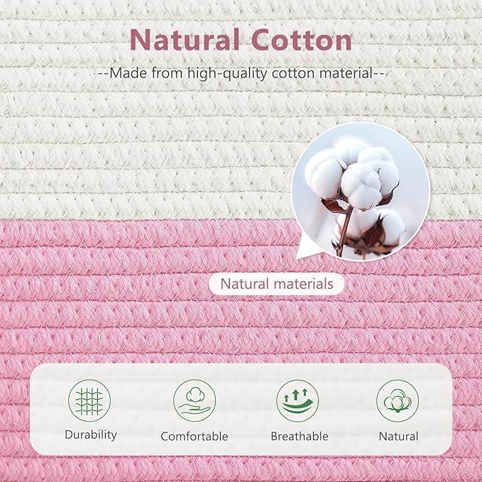 Cotton Rope Shelf Storage Basket, 15x10x9 in, Shelf Storage Baskets for Clothes, Towels, Books, Laundry (White/Pink, 2 Pack)