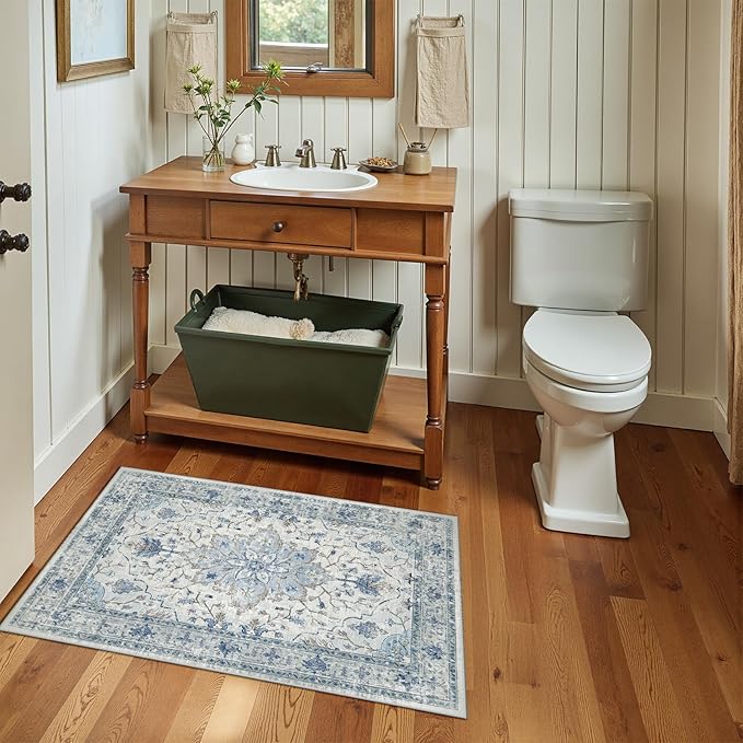 Area Rugs 2'x3' Kitchen Rugs Entry Rug Small Rugs for Entryway Kitchen Bathroom Door Mat Indoor Entrance,Washable Non Slip, Light Blue Navy Beige Gray White