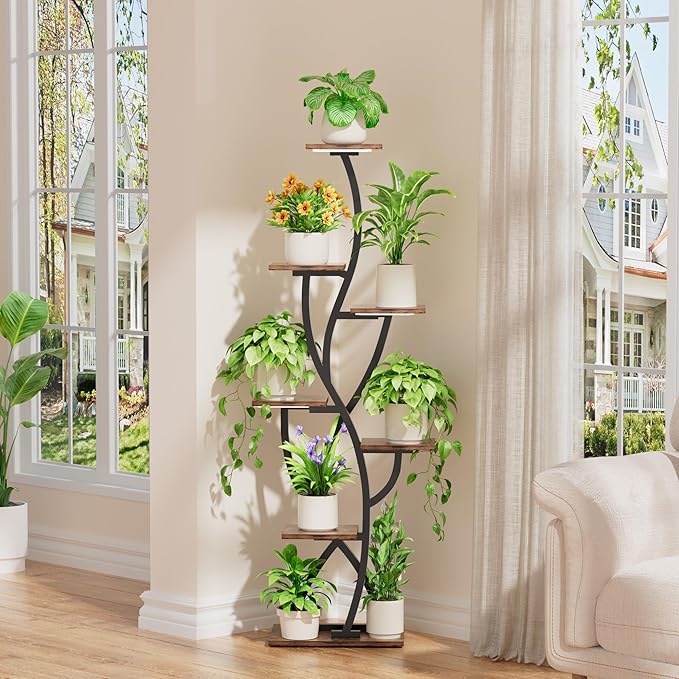 Plant Stand Indoor with Grow Lights - 58" Corner Plant Shelf Indoor, 7 Tiered Tall Lighted Plant Stand for Indoor Multiple Plants, Flower Stands Display Rack Holder for House, Patio, Black