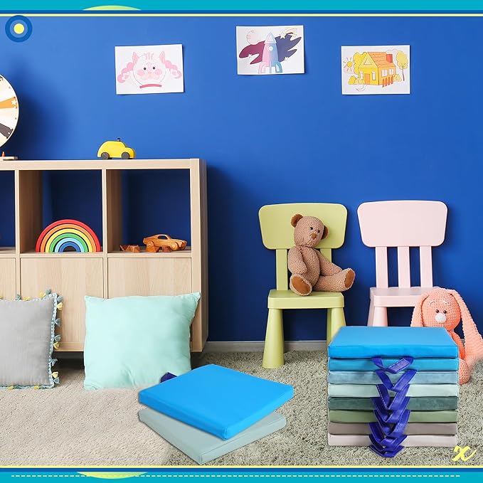 Sawysine 12 Pcs Floor Cushions Classroom Flexible Floor Seating with Handle for Kids in Home School Classroom Kindergarten Daycare Nursery (Bright Color,Square)