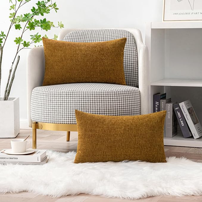 MIULEE Pack of 2 Couch Throw Pillow Covers 12x20 Inch Soft Mustard Chenille Lumbar Pillow Covers for Sofa Living Room Solid Dyed Cases