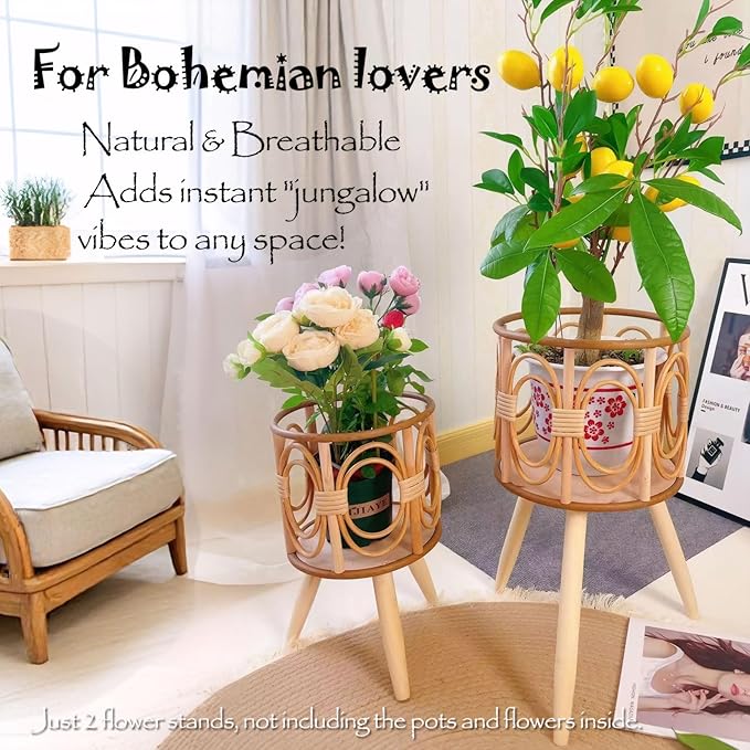 Boho Rattan Plant Stand Indoor Outdoor - 2 Rattan Wicker Planter Shelf for Multiple Plants, Mid Century Modern Wooden Flower Pot Holder with Stand, Farmhouse Home Decor for Living Room