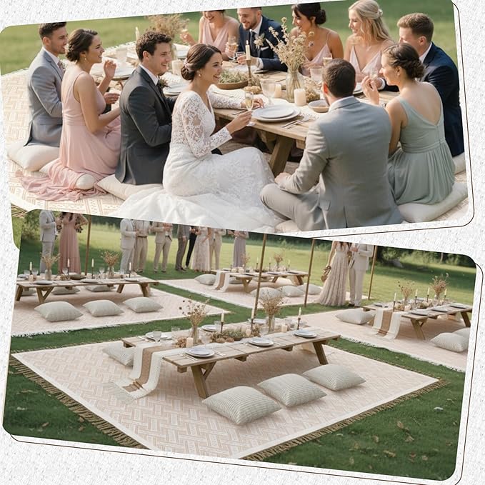 Extra Large Outdoor Boho Picnic Blanket 181'' x 71'' Beige White Table Runner 6 Throw Pillow Cover Woven Cotton Yarn Oversize Beach Blanket Washable for Picnic Camp Wedding