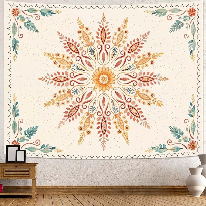 Accnicc Boho Floral Mandala Tapestry for Bedroom Bohemian Flower Wall Tapestry Aesthetic Large Watercolor Yellow Beige Hippie Indian Tapestries Wall Hanging for Living Room Dorm Decor 80 x 60 Inch
