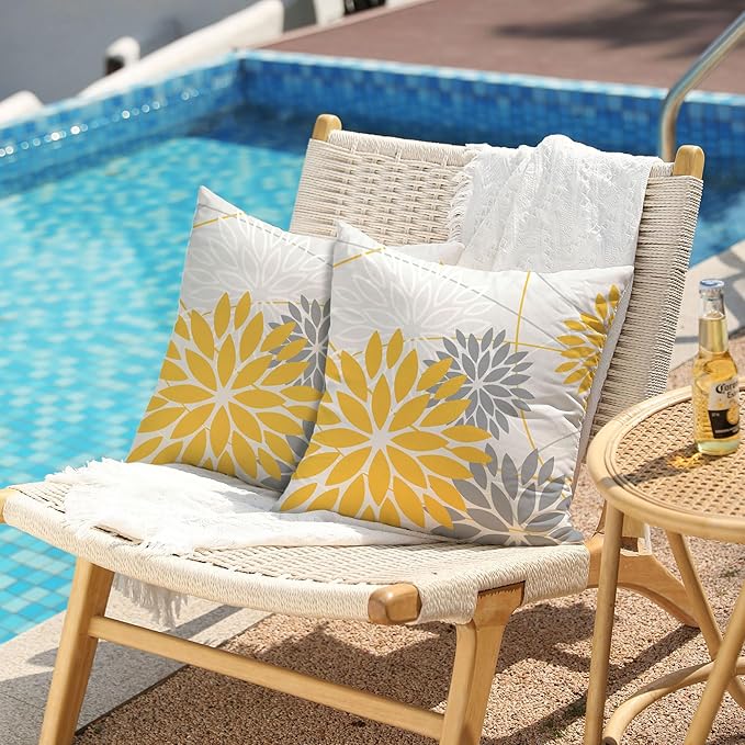 DFXSZ Yellow and Grey Floral Pillow Covers 20x20 Set of 2 Outdoor Waterproof Decorative Throw Pillows Summer Pillow Covers Polyester Cushion Case Decor for Couch Patio Funiture Garden Porch 01Z20