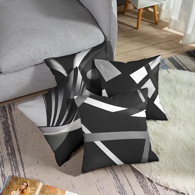 Emvency Set of 4 Black Throw Pillow Covers Modern Abstract Grey Stripes Gray White Acrylic Bold Decorative Pillow Cases Home Decor Square 16x16 Inches Pillowcases