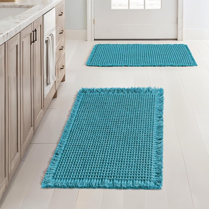 MIULEE Set of 2 Waffle Bathroom Rugs, Boho Bath Rugs Non Slip Washable, Super Absorbent Bath Mats, Ultra Soft Rubber Backed Shower Mats for Bathroom Floor, Tub and Shower, Teal, 17x24 Inch