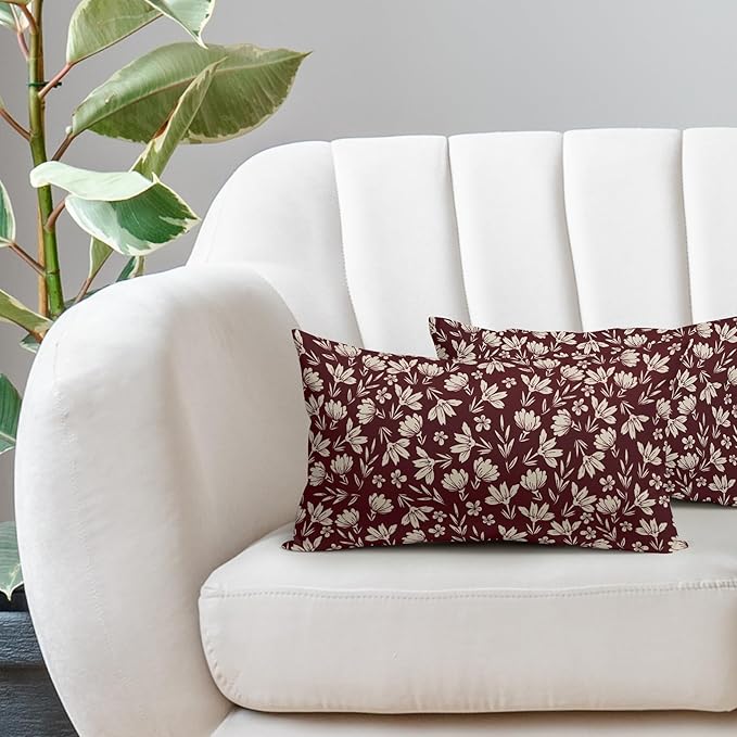 Burgundy Pillow Covers 12x20 Set of 2 Vintage Floral Rustic Old Style Cute Flower Print Rectangle Decorative Outdoor Pillowcases Seasonal Farmhouse Throw Cushion Case Couch Sofa Bed Decor