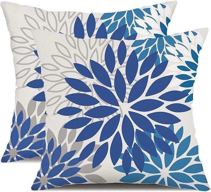 DFXSZ Blue Flower Pillow Covers 20x20 Inch Set of 2 Dark and Light Blue Colored Pillow Farmhouse Outdoor Waterproof Decor for Patio Funiture Garden Summer Floral Square Polyester Pillow Covers 002E20