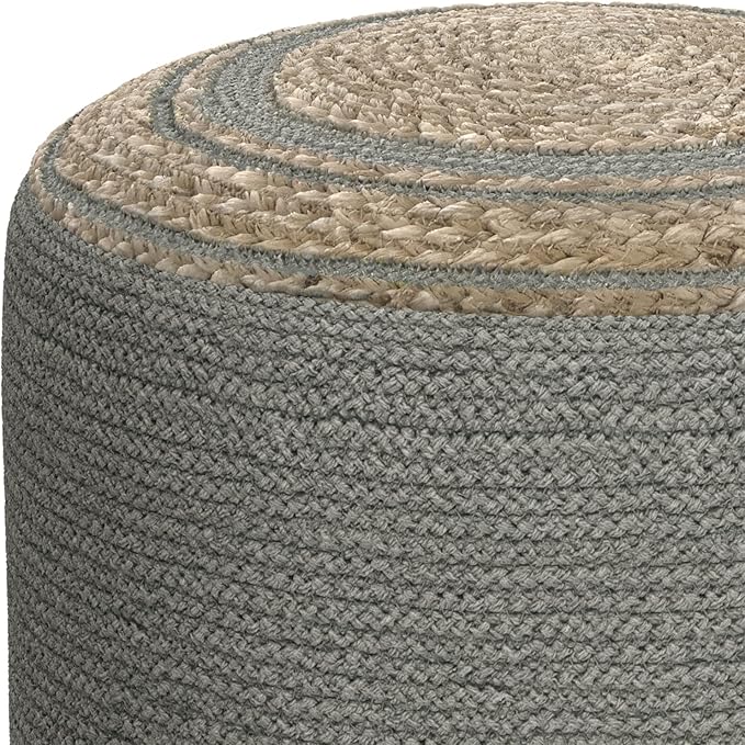 SIMPLIHOME Serena Contemporary Round Braided Pouf in Dove Grey Cotton for the Living Room, Bedroom and Kids Room