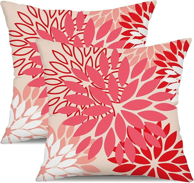 DFXSZ Red Pink Flower Pillow Covers 18x18 Inch Set of 2 Valentines Day Pillow Cases Outdoor Waterproof Decor for Living Room Sofa Patio Funiture Garden Floral Polyester pillowcovers 012G18