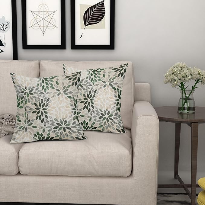 Kawani Green Dahlia Throw Pillow Covers 22x22 Inch Rustic Geometric Flower Decorative Square Pillow Cases Beige Tan Gray Floral Cushion Covers Farmhouse Home Decor for Sofa Couch Outdoor Set of 2