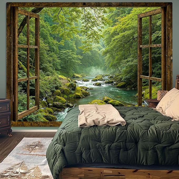 Accnicc Window Forest Tapestry Green Nature Jungle Wall Tapestry for Bedroom Aesthetic Rainforest Stream Outdoor Landscape Large Tapestries Wall Hanging for Dorm Living Room Decor 80 x 60 Inch