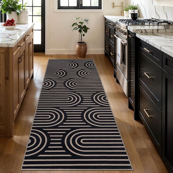 Tangsoo Easy Jute Rug 2x6 Washable Kitchen Runner for Hallways,Black Non-Slip Thin Farmhouse Floor Carpet Modern Indoor Outdoor Runner Door Mat for Porch Laundry Bedroom Entryway