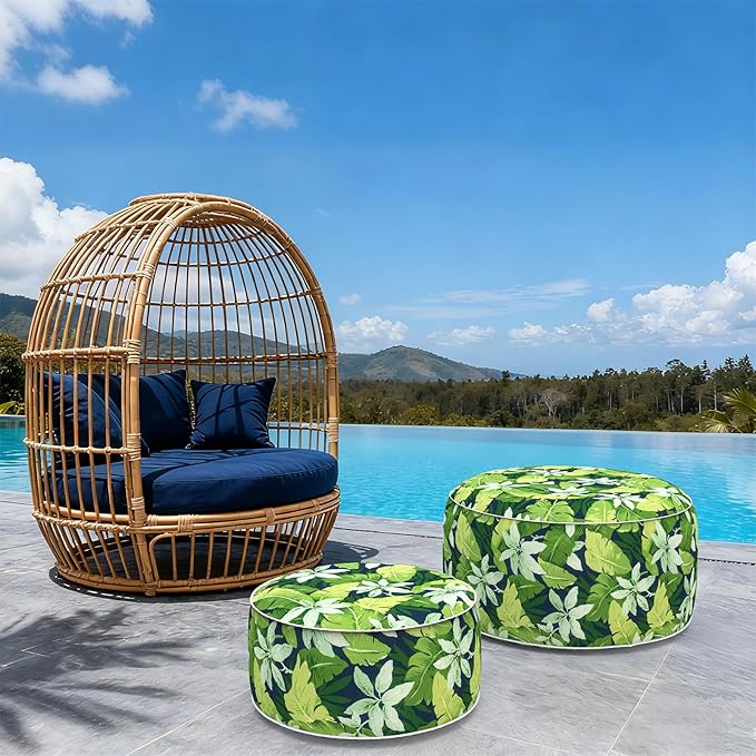 Indoor/Outdoor Inflatable Ottoman, Water Repellent Round Foot Rest Ottomans D31 x H14 inch, Portable Footstool for Patio Garden Camping or Home, Jungle Leaves