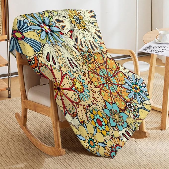 Boho Floral Throw Blanket Vintage Colorful Flowers Bohemian Print Mandala Blanket for Sofa Bed Couch Chair Or Dorm 70"x80"