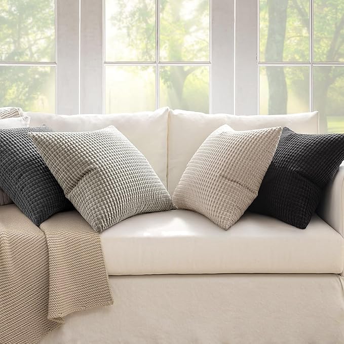 MIULEE Neutral Cream/Grey Decorative Pillow Covers 18x18 Inch Set of 4 Boho Western Farmhouse Throw Pillows Corduroy Couch Pillowcases Industrial Home Decor for Sofa Living Room Bed