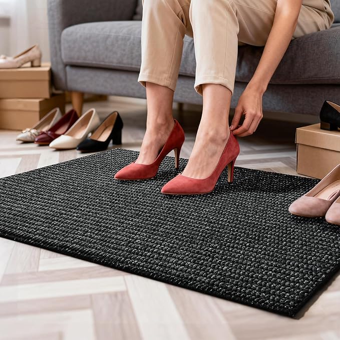 Softlife Rugs for Entryway 2x3 Faux Jute Rug Dirt Trapper Small Bathroom Rug Washable Door Rugs Kitchen Mat Modern Farmhouse Carpet for Front Porch Bathroom Kitchen Bedroom, Black